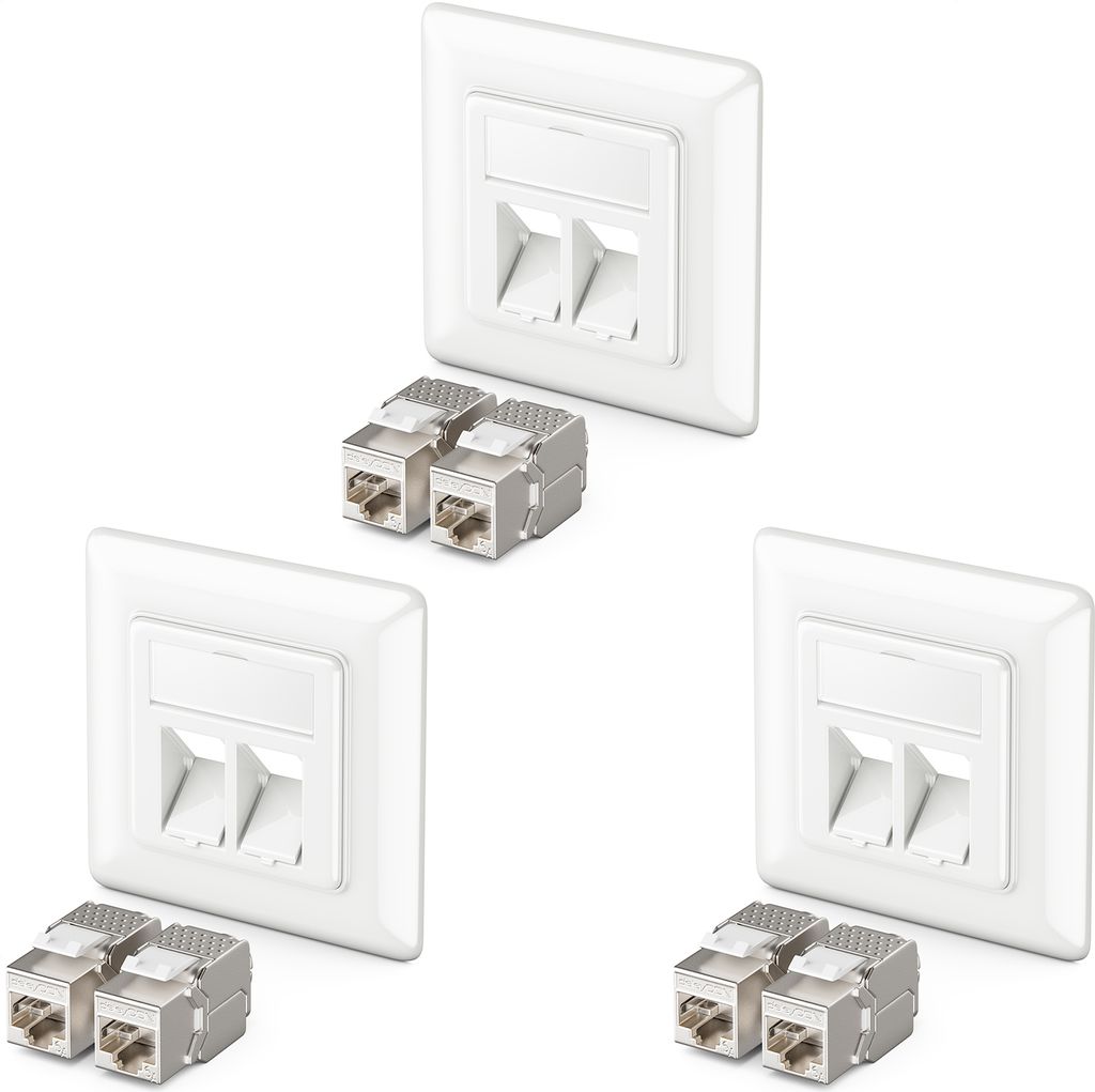 deleyCON 3x Keystone Dose Netzwerkdose Datendose Unterputz 6x Cat 6a Keystone Jack Modul RJ45 Buchse Cat Netzwerk Verlegekabel vollgeschirmt Uni Weiß