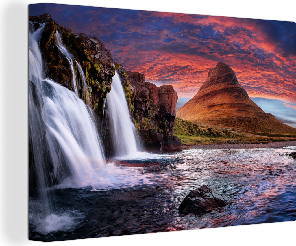 OneMillionCanvasses - Leinwandbilder - 140x90 cm, Wasserfall - Berg - Wolken - Rosa - Landschaft, Wandbilder Kunstdruck Wanddekoration - Foto auf...
