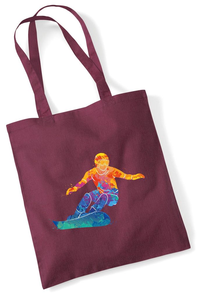 Huuraa Jutebeutel Snowboarden bunte Silhouette 10 Liter Burgundy Baumwolle Tasche Geschenkidee