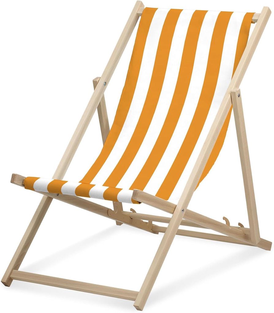 Liegestuhl - Breit gestreift - Ocker - klappbar - aus Buchenholz - bis 95kg belastbar - 3fach verstellbare Lehne - Strandliege