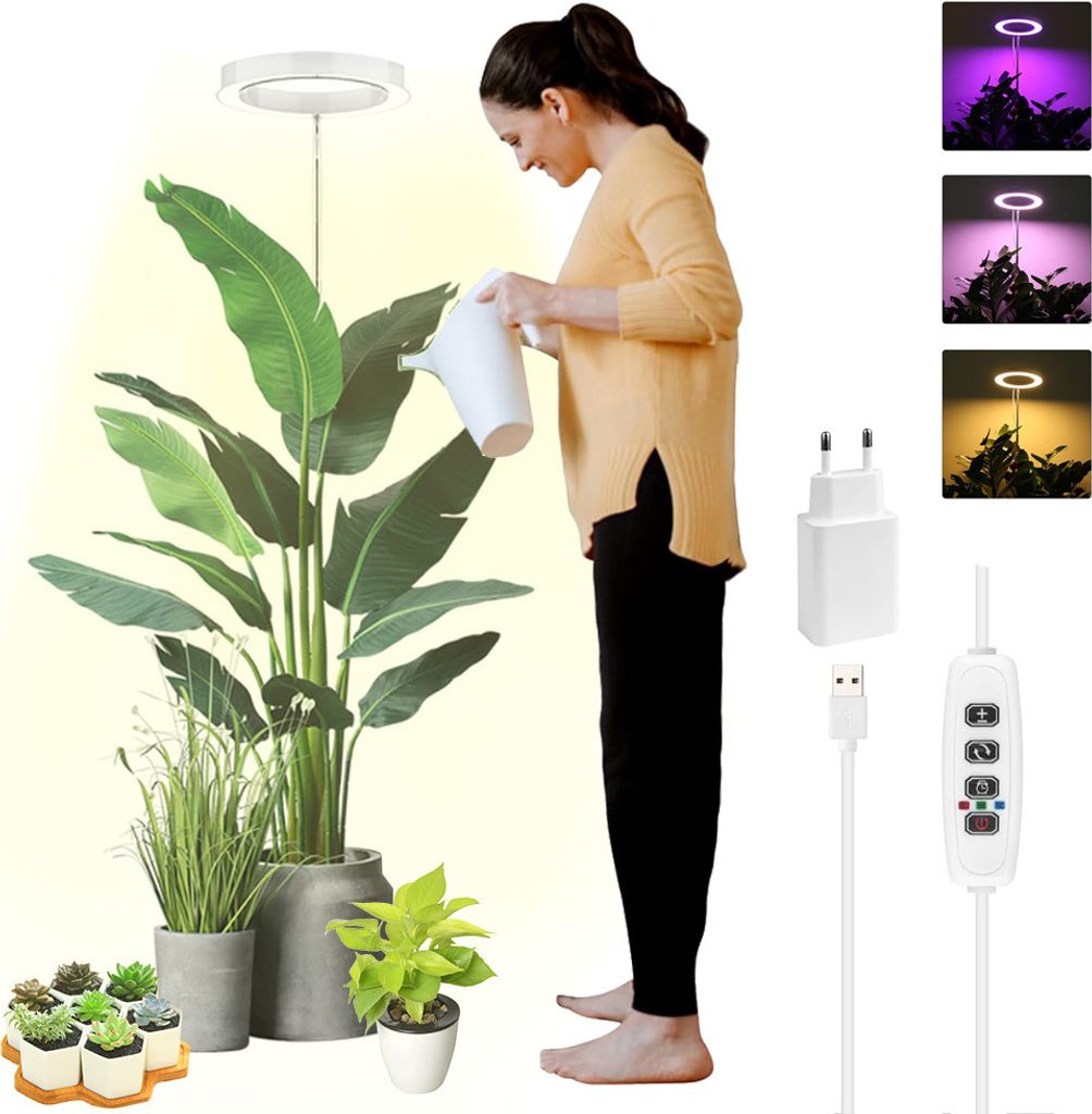 Pflanzenlampe LED Vollspektrum Pflanzenlicht für Zimmerpflanzen Höhenverstellbares LED- Pflanzenwachstumslampe mit 3/9/12H Timer, Adapter, Weiß