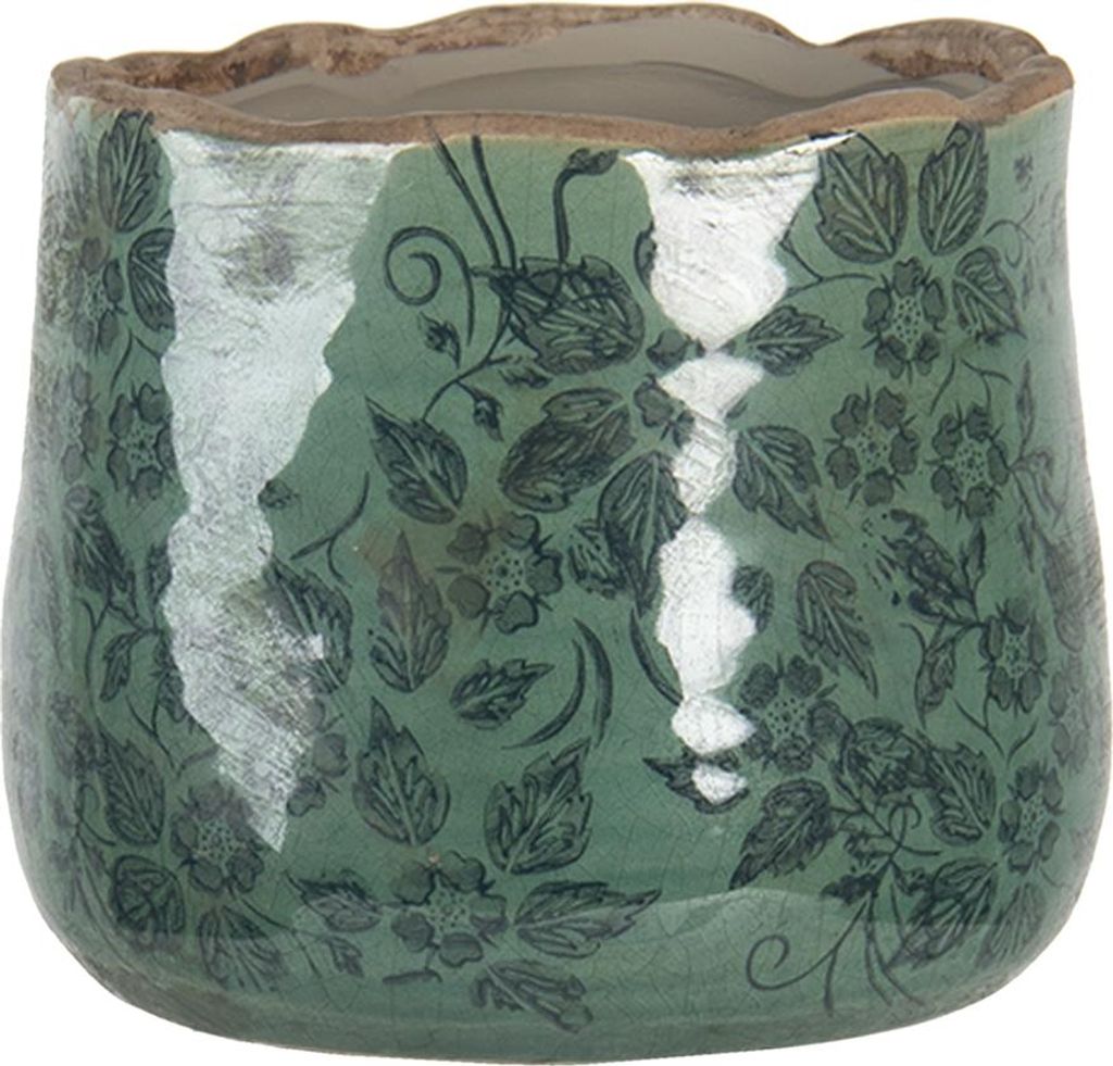 Clayre & Eef Blumentopf Ø 13x11 cm Grün Keramik Blätter Produktbild 