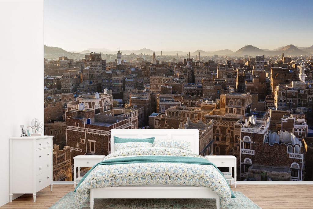 MuchoWow Fototapete für Wohnzimmer oder Schlafzimmer Wandtapete Vinyl Motivtapete Skyline der antiken Stadt Sanaa im Jemen - 360x240 cm - Vinyl-...
