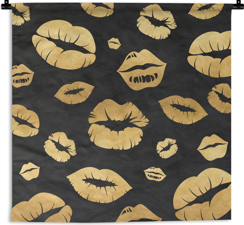 MuchoWow Wandteppich Wandbehang Muster - Kuss - Gold - Schwarz 150x150 cm Tapisserie Dekoration Wandtuch - Wohnaccessoires - Modernes