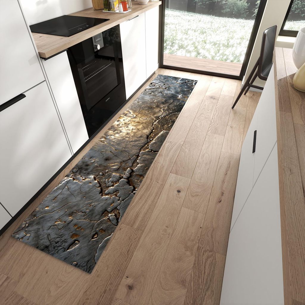 Küchenteppich 60x270cm rutschfest & abwischbar PVC Läufer - Gekrakeltes Metall