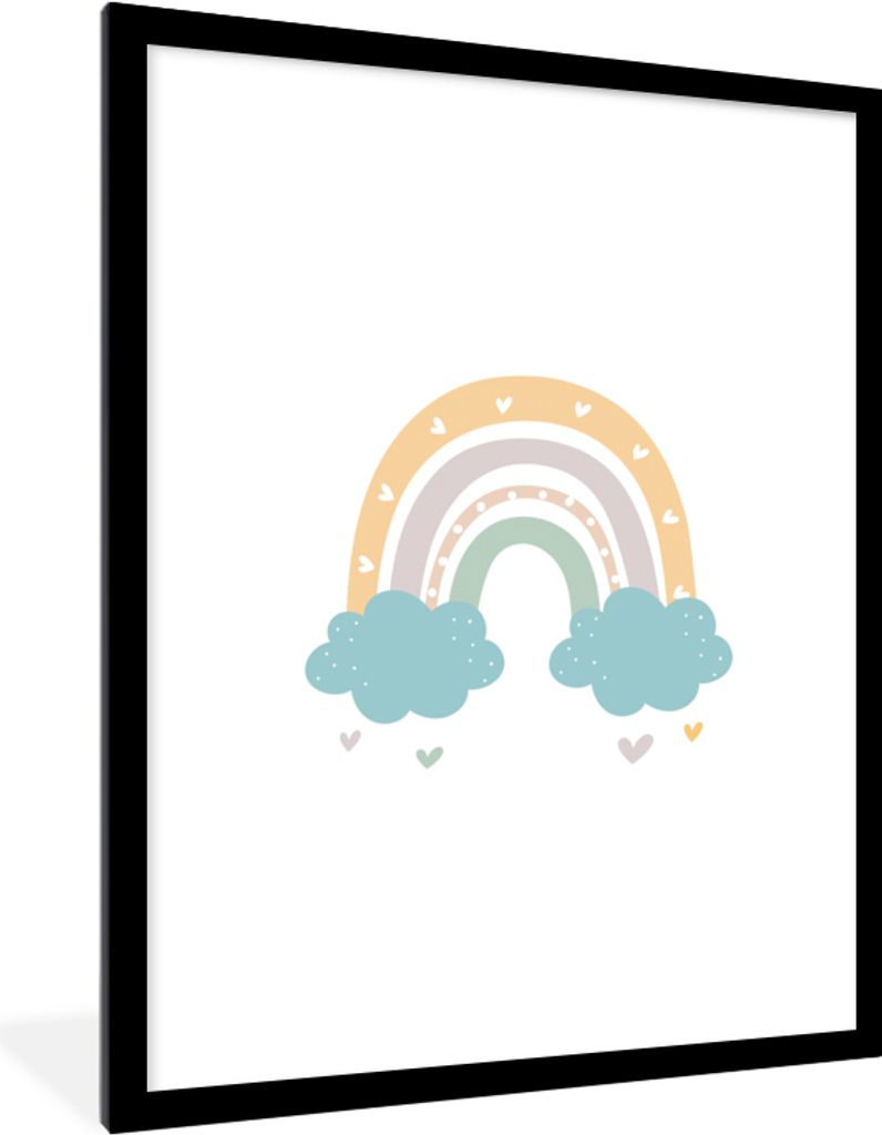 MuchoWow Gerahmtes Poster Regenbogen - Herzen - Wolken - Punkte - Pastell - Kinder 60x80 cm - Poster mit Schwarzem Bilderrahmen Wandposter Rahmen...