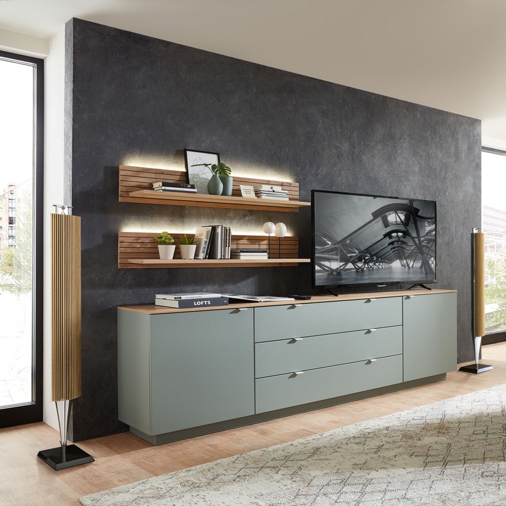 TV Sideboard Set mit Wandregalen Fernsehschrank grün mit Eiche, Breite 240 cm CUST-36 inkl. LED Beleuchtung