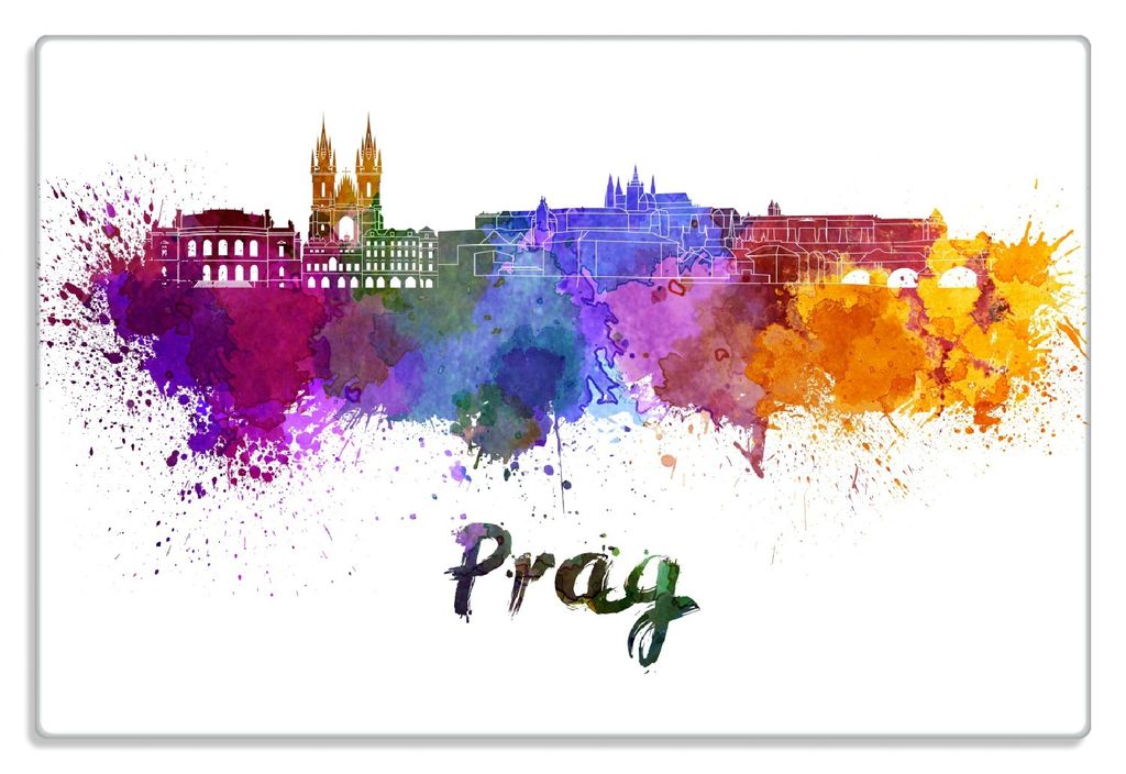 Wallario Frühstücksbrettchen aus Glas 20 x 30 cm mit rutschfesten Füßen, Motiv Städte als Aquarell - Skyline von Prag