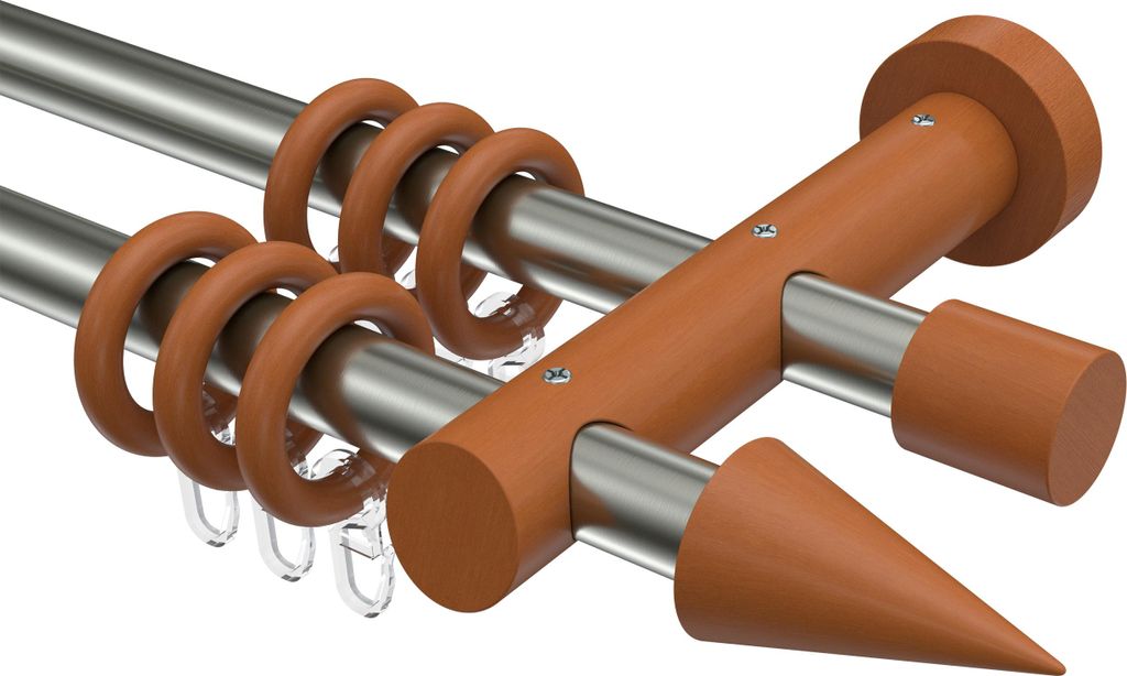 Interdeco Gardinenstange / Vorhangstange Edelstahl-Optik / Kirschbaum lackiert, Typ Talena Siveo (Kegel), 20 mm Ø 2-läufig, 600 cm