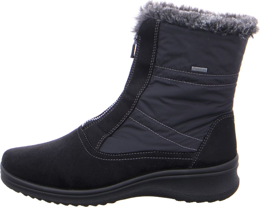 A side view of a black winter boot with a gray fur trim and a zipper.