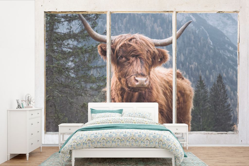 MuchoWow Fototapete für Wohnzimmer oder Schlafzimmer Wandtapete Vinyl Motivtapete Schottischer Highlander - Ansicht - Vista - 600x400 cm - Vinyl...