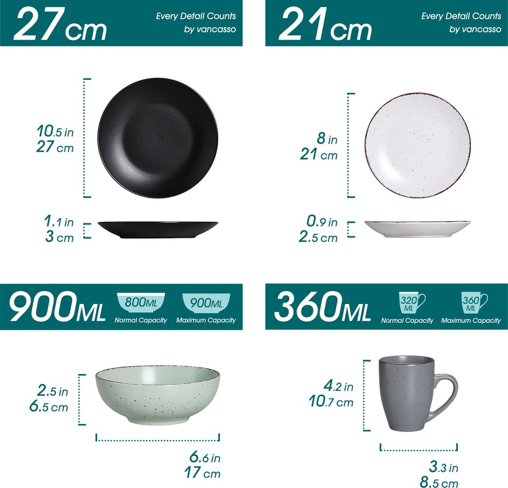 vancasso Serie MODA Vajillas Completas 4 Personas, Juego de Vajillas Completo 16 Piezas con 4 Platos Llano, 4 Platos de Postre, 4 Cuencos y 4 Tazas, Apto para Microondas, Mate Negro