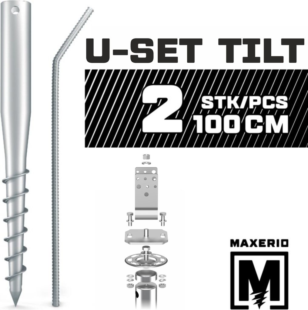 MAXERIO 100 cm 2er U-Set TILT Schraubfundamente inkl. 7 cm Pfostenträger (U-Winkel - feuerverzinkt); Ø 60 x 2; M12