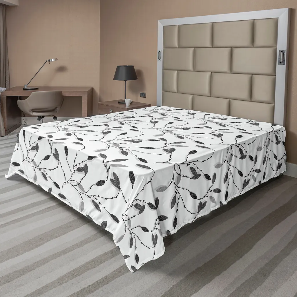 Drap de dessus doux motif feuilles grises et blanches pour lit double