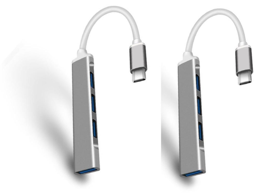 INF USB-C 4-Port Hub aus Aluminium TPE, Type-C zu 4x USB 3.0, 2er Pack Grau