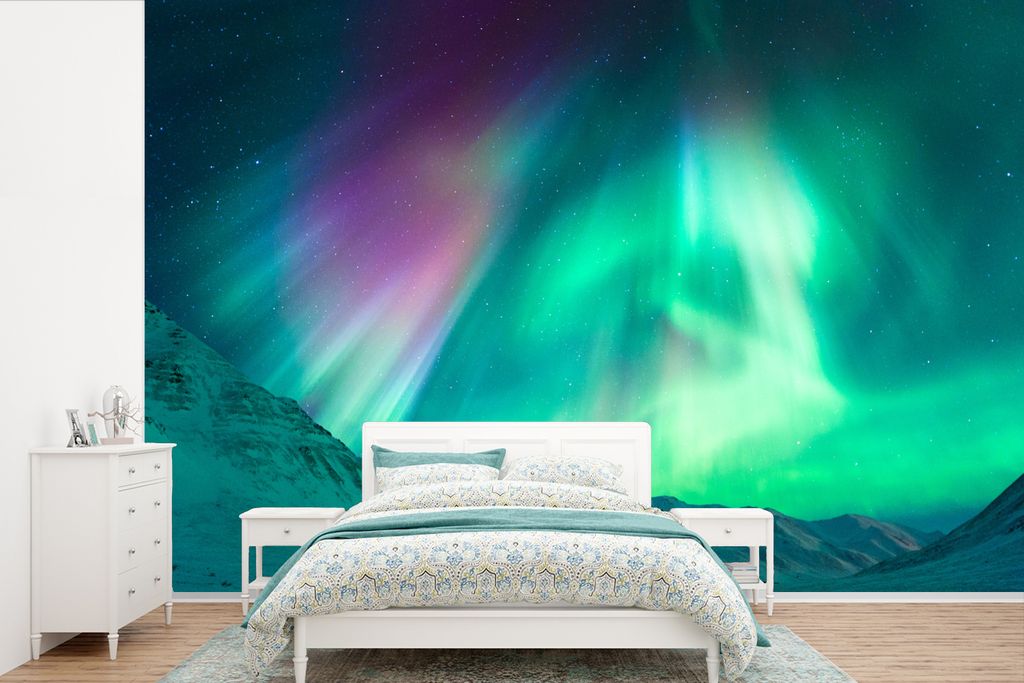 MuchoWow Fototapete für Wohnzimmer oder Schlafzimmer Wandtapete Vinyl Motivtapete Nordlichter - Berg - Nacht - 420x280 cm - Zimmer für Kinder