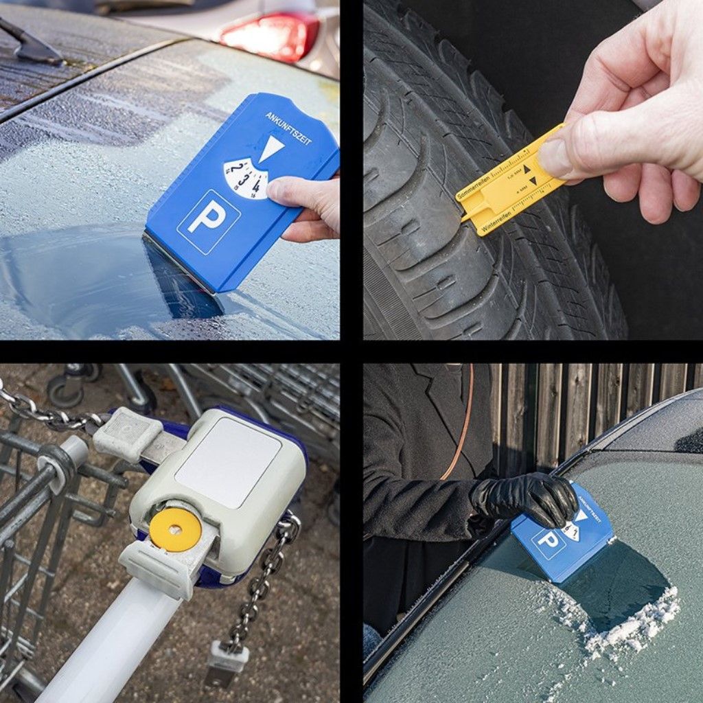 Parkscheibe 5 in 1, blau, aus Kunststoff, mit Eiskratzer & Reifenprofiltiefenmesser