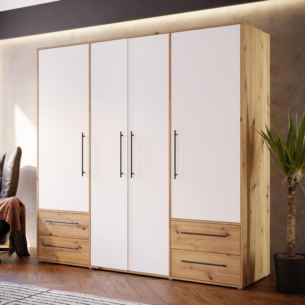 Forte MOKKARIS Kleiderschrank 200 210, moderner Drehtürenschrank, 4-türig, 4 Schubladen, Holzwerkstoff, Weiß mit Artisan Eiche Holzdekor, 205,9 ...