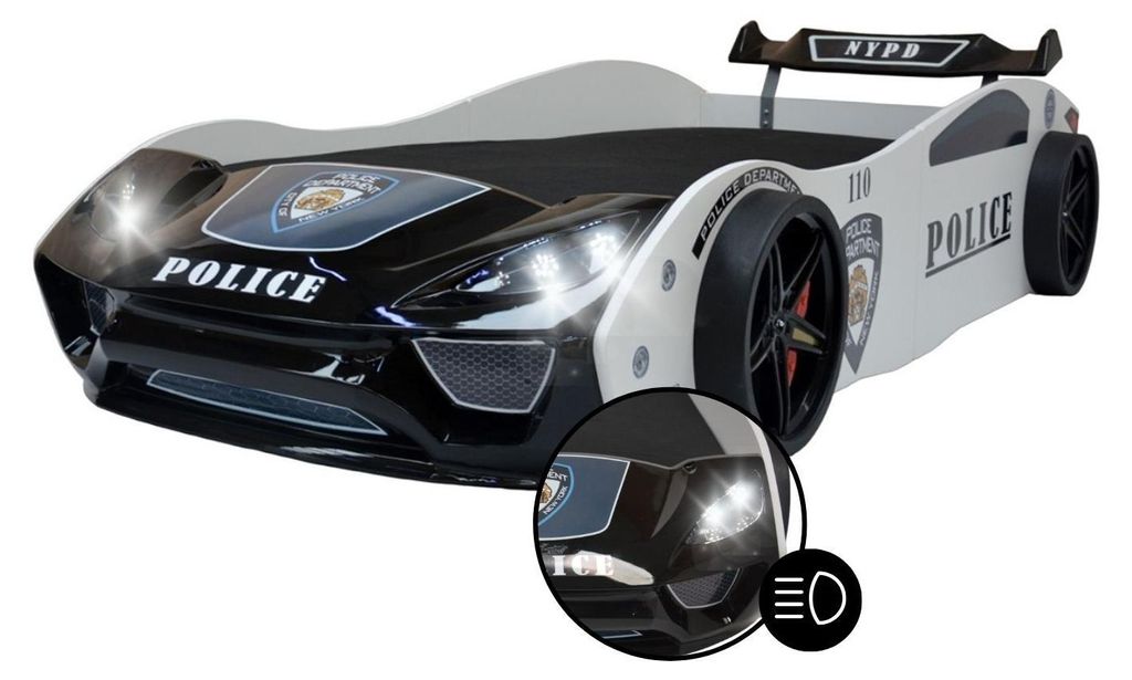 Autobett V2 POLICE Kinderbett 90x200 Schwarz/Weiß mit Produktbild 