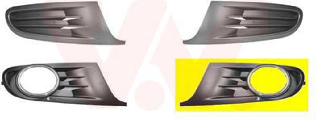 Four car fog light covers are displayed on a white background, with one cover highlighted on a yellow background.