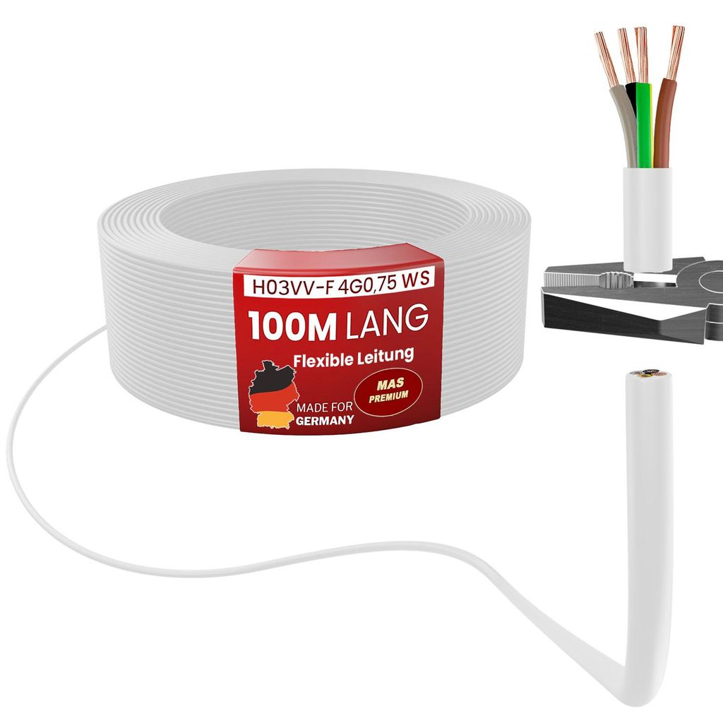 100m Kunststoffschlauchleitung H03VV-F 4G0,75 Weiß Flexible Produktbild 