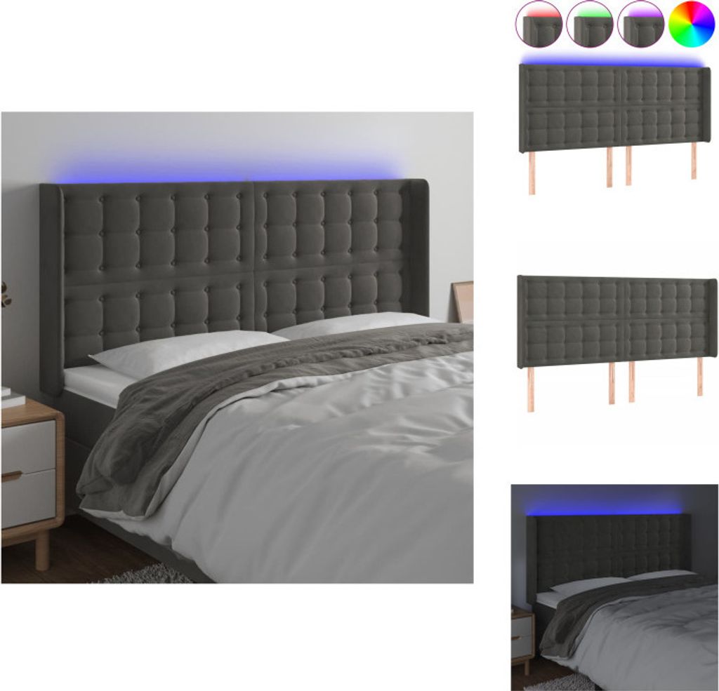 vidaXL LED Kopfteil Dunkelgrau 203x16x118/128 cm Samt - Kopf- & Fußenden