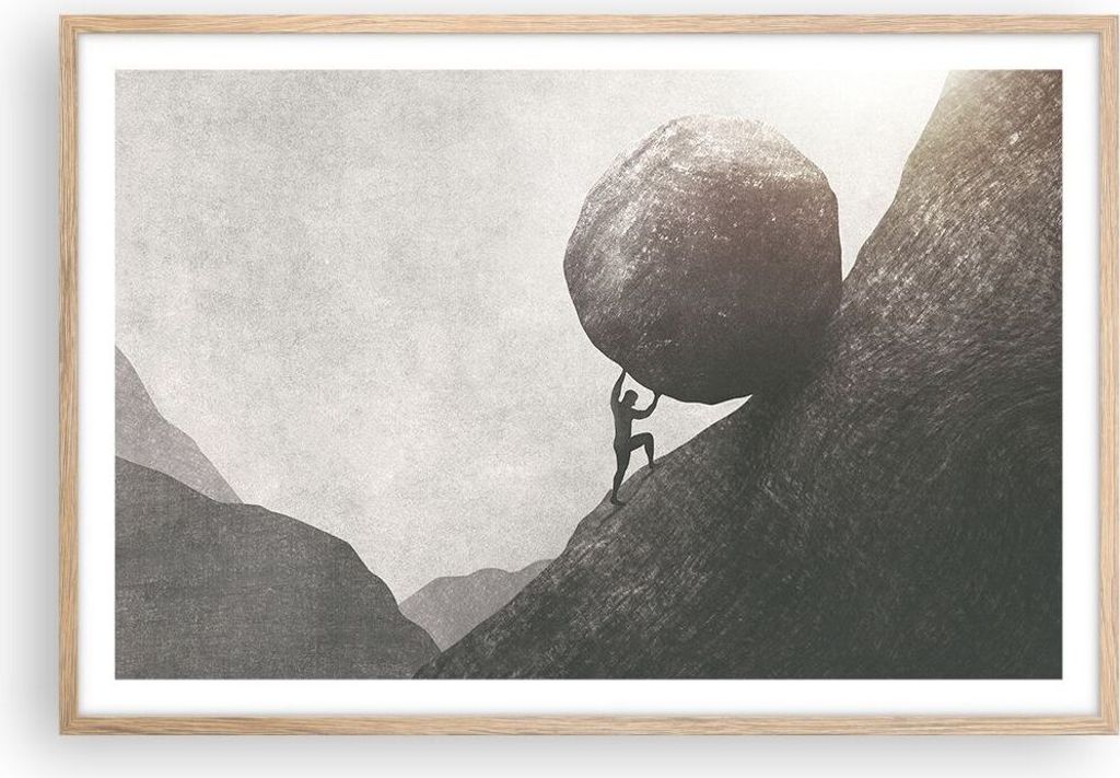 Gerahmtes Poster - Rahmen in heller Eiche - Sisyphus Arbeit Stein - 91,5x61 cm - Wand Bild - Wanddeko - Wandbilder - Kunstposter - Wandposter - Bil...