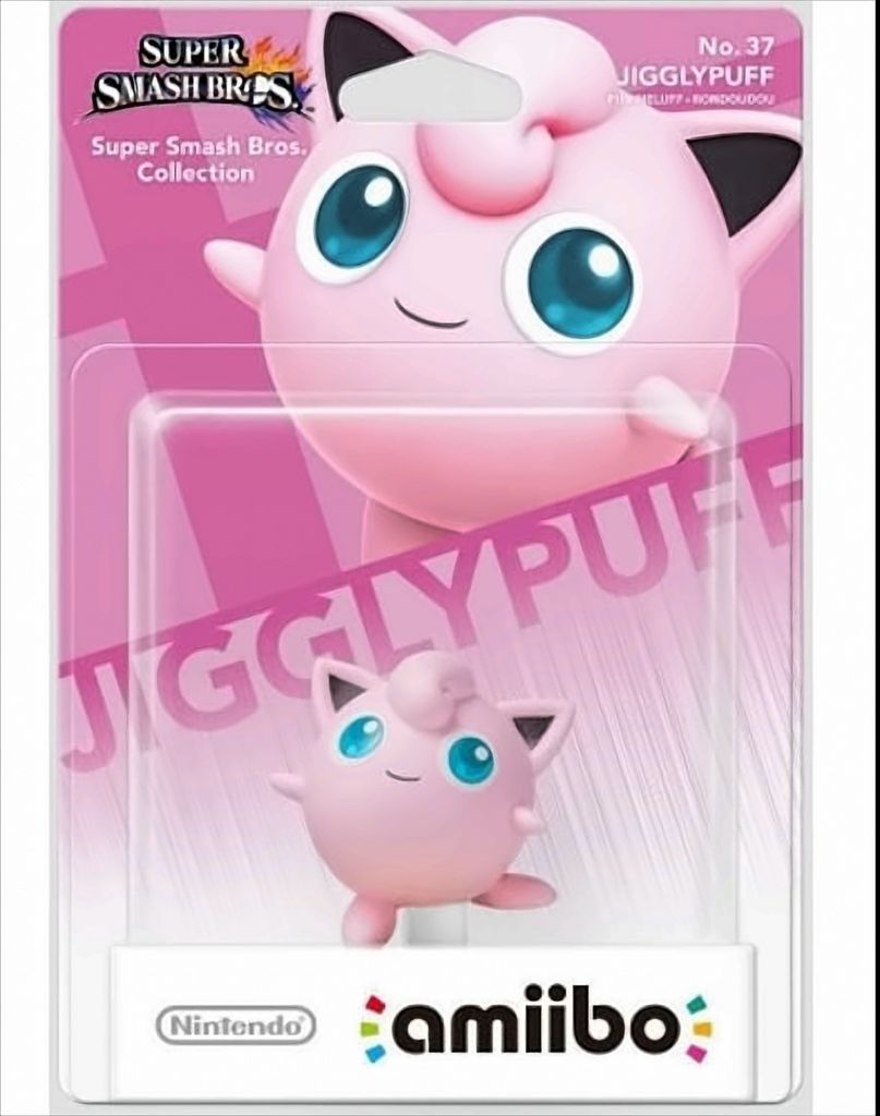 A packaged Nintendo amiibo figure of Jigglypuff from the Super Smash Bros. Collection.