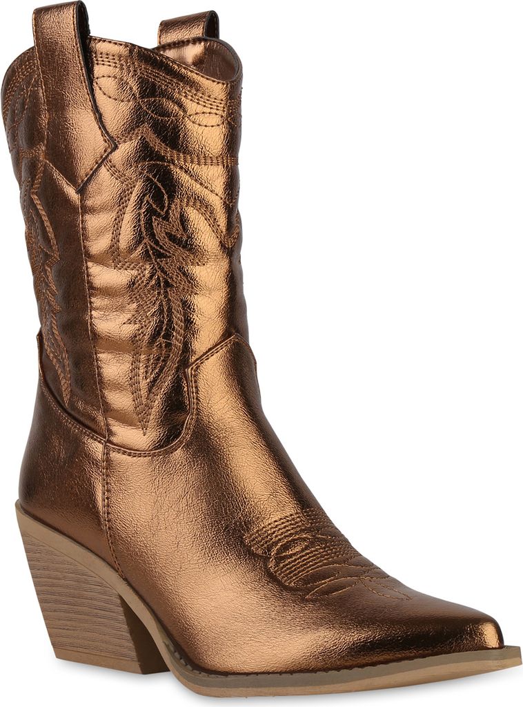 VAN HILL Damen Cowboystiefel Stiefel Spitz Zierperlen Schuh 841116, Farbe: Bronze, Größe: 38