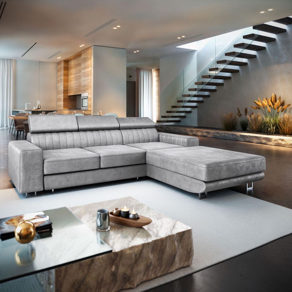Masseno Ecksofa NOTO R-S mit Schlaffunktion L-Form, Sofa mit Bettkasten, Wohnzimmersofa, Couch, Soffa, Bettsofa, Couchgarnitur- Hellgrau, MONOLITH 84