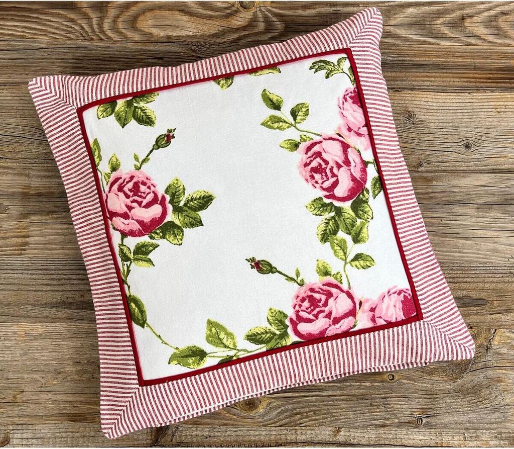 Kissen-Bezug Rosen Blumen rot weiß Baumwolle 30x30 cm