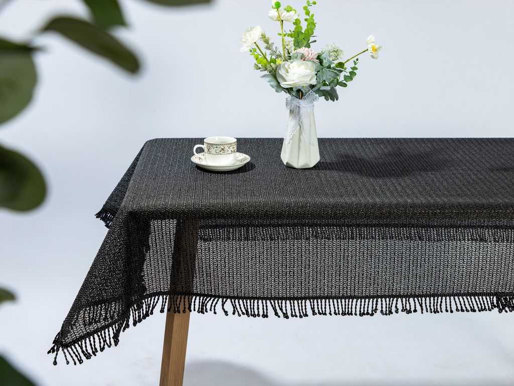 Moa Weichschaum Tischdecke mit Fransen Garten, Balkon, Terrasse, Farbe und Größe wählbar,Schwarz