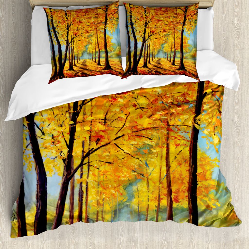 ABAKUHAUS Land Bettbezug, Naturpark Herbst-Fall, Milbensicher Allergiker geeignet mit Kissenbezügen, 155 cm x 220 cm - 80 x 80 cm, Gelb Braun