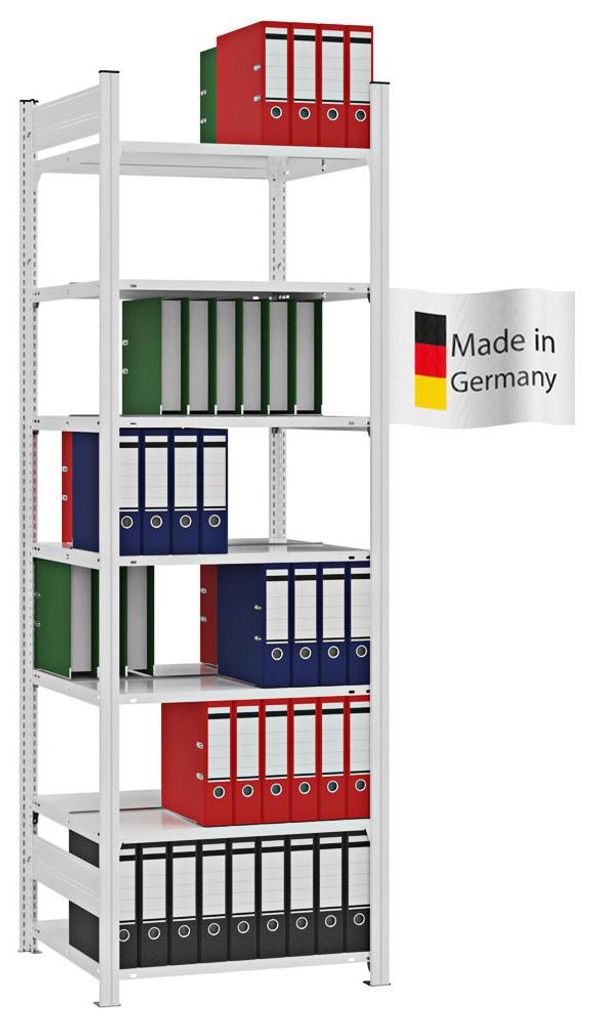 PROREGAL Aktenregal Stecksystem MAGNUS Germany | HxBxT 235x75x60cm | 7 Ebenen | Fachlast 90kg | Beidseitig nutzbar | Lichtgrau
