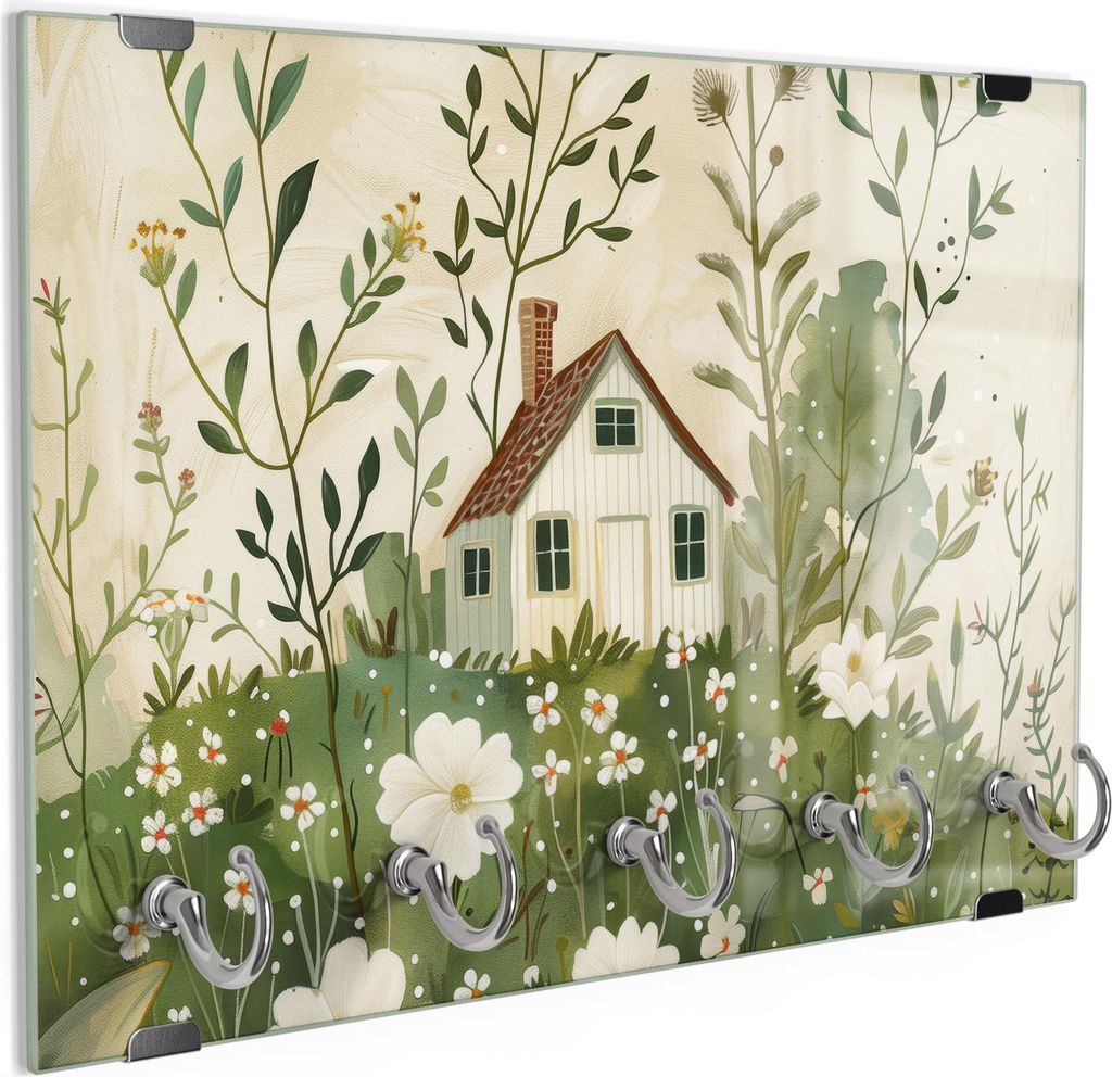 DEQORI Schlüsselbrett Glas 30x20 cm 'Versteckt im Blumenmeer' Schlüssel Halter Haken