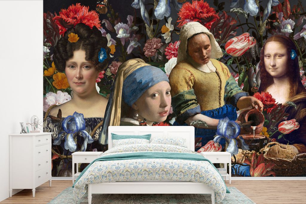 MuchoWow Fototapete für Wohnzimmer oder Schlafzimmer Wandtapete Vinyl Motivtapete Collage - Malerei - Alte Meister - Blumen - 420x280 cm - Zimme...