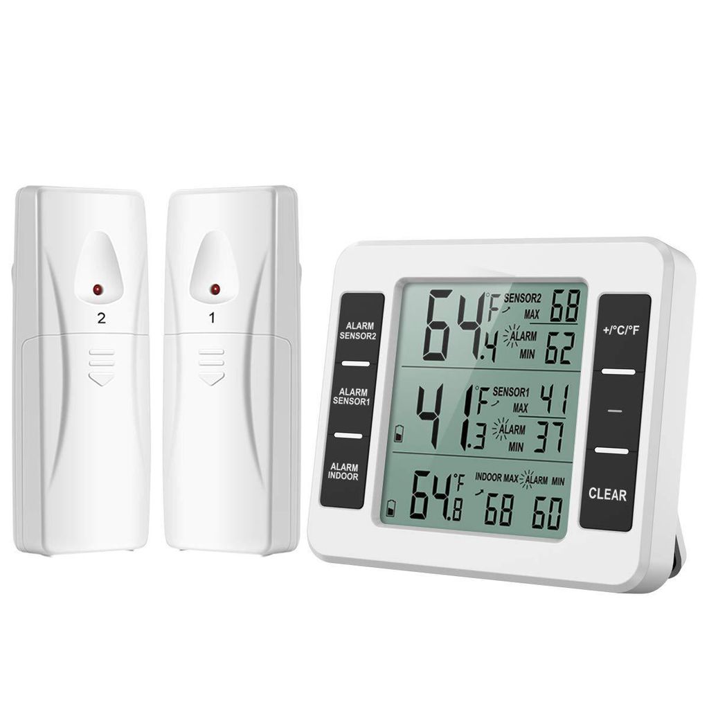 Kühlschrank-Gefrierschrank-Thermometer, digitaler Innentemperatursensor, wasserdicht, mit 2 drahtlosen Sensoren