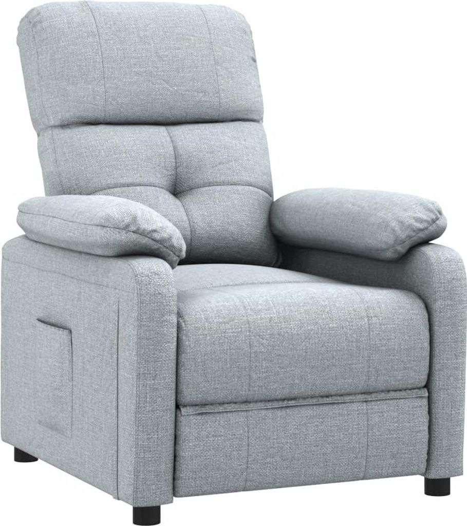 A light gray fabric recliner chair is shown against a white background.