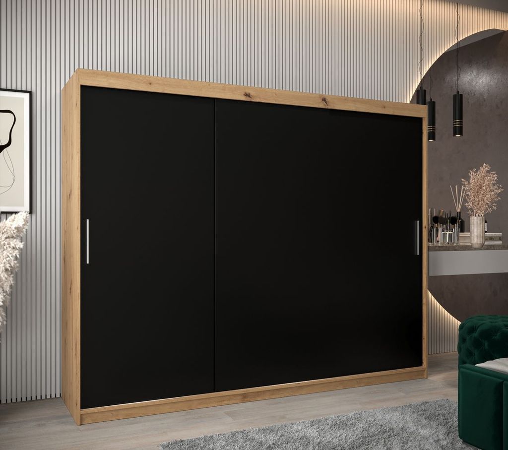 Schwebetürenschrank mit einer Breite von 250 cm TIMEA – Eiche Artisan / Schwarz