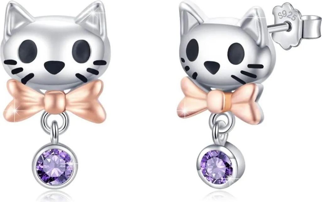 Orecchini Gatto Argento 925 con Zircone Viola - Gioielli Donna Regalo