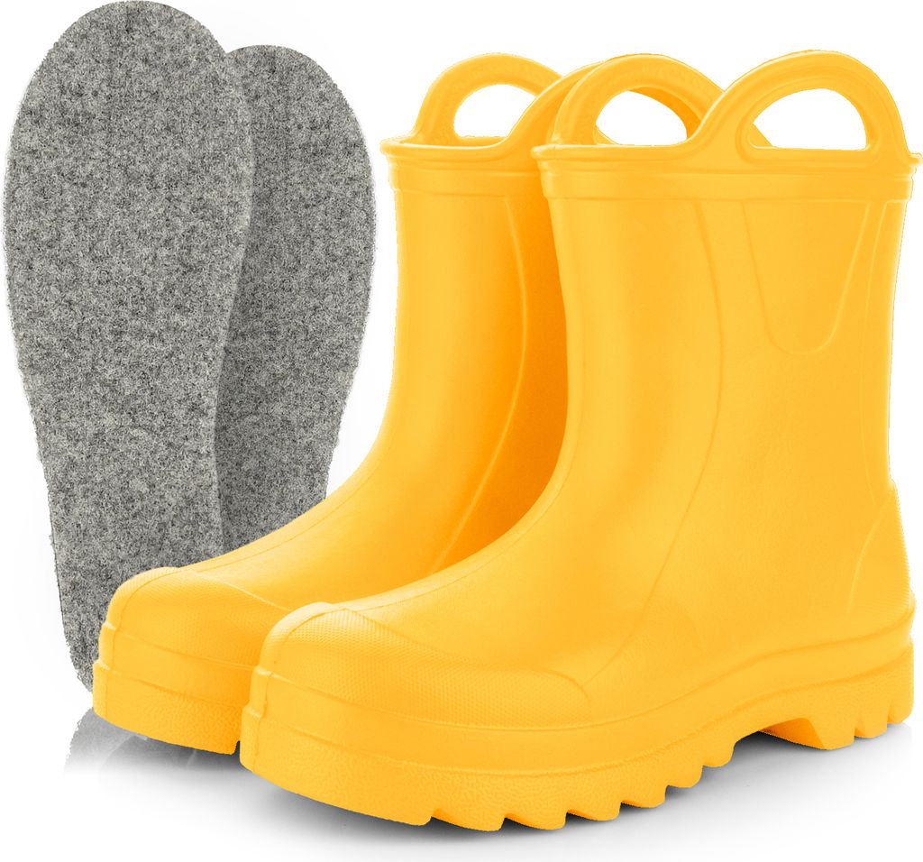 3Kamido GoSplash Kindergummistiefel, sehr leicht und bequem, wasserdicht, mit Griff zum einfachen Anziehen und rutschfester Sohle - Gelb 27/28