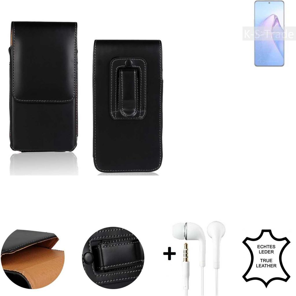 K-S-Trade Leder Gürteltasche + Kopfhörer kompatibel mit Oppo Reno8 Pro Global Seitentasche Belt pouch Holster Handyhülle Schutz Hülle Etui schwarz