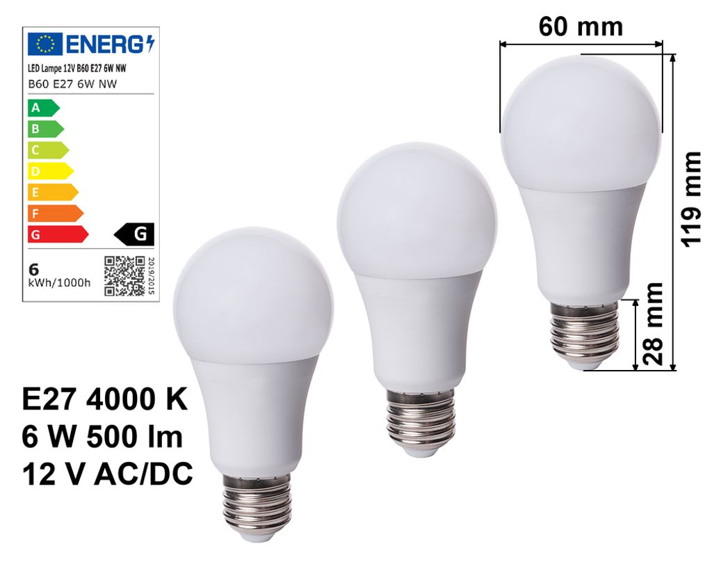 3x LED Lampe E27 12V 6W A+ kaltweiß 500lm 4000K Birne Energiesparlampe 12 Volt