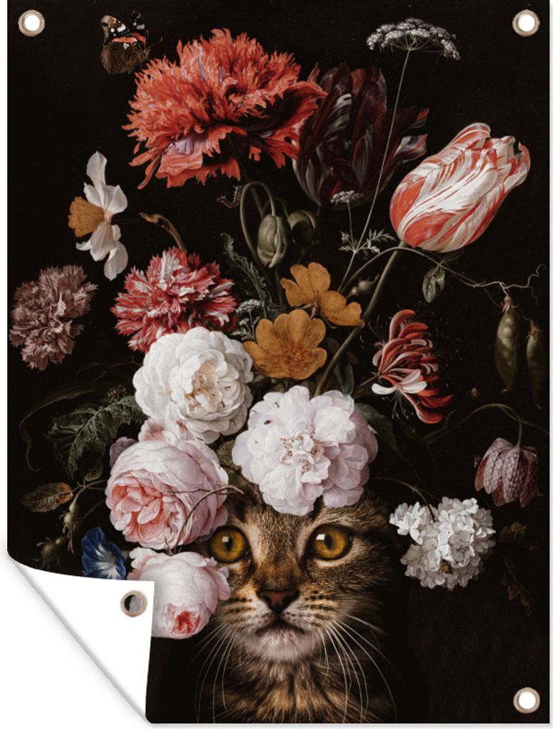 MuchoWow 60x80 cm Outdoor-Poster Gartendeko Sichtschutz Garten Poster für den Garten Katze - Blumen - Flora