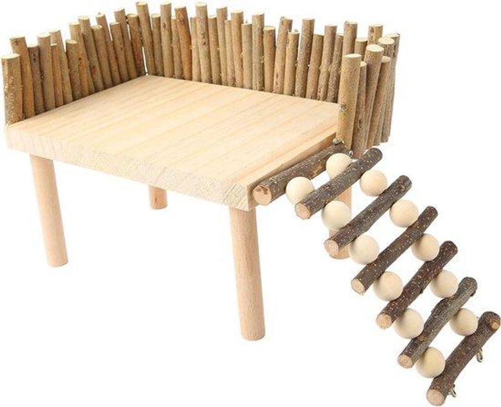 Naturnaher Hamsterkletterrek aus Holzbau mit Leiter und Hegezaun für kleine Tiere im Kinderzimmer.