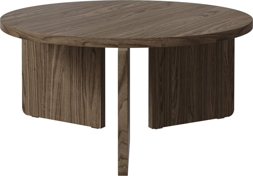A round coffee table with a wood grain finish and a unique base.