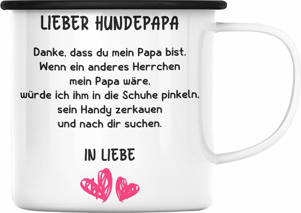 Trendation - Hunde Papa Geschenk Emaille Tasse mit Spruch für Hundepapa (Schwarz)