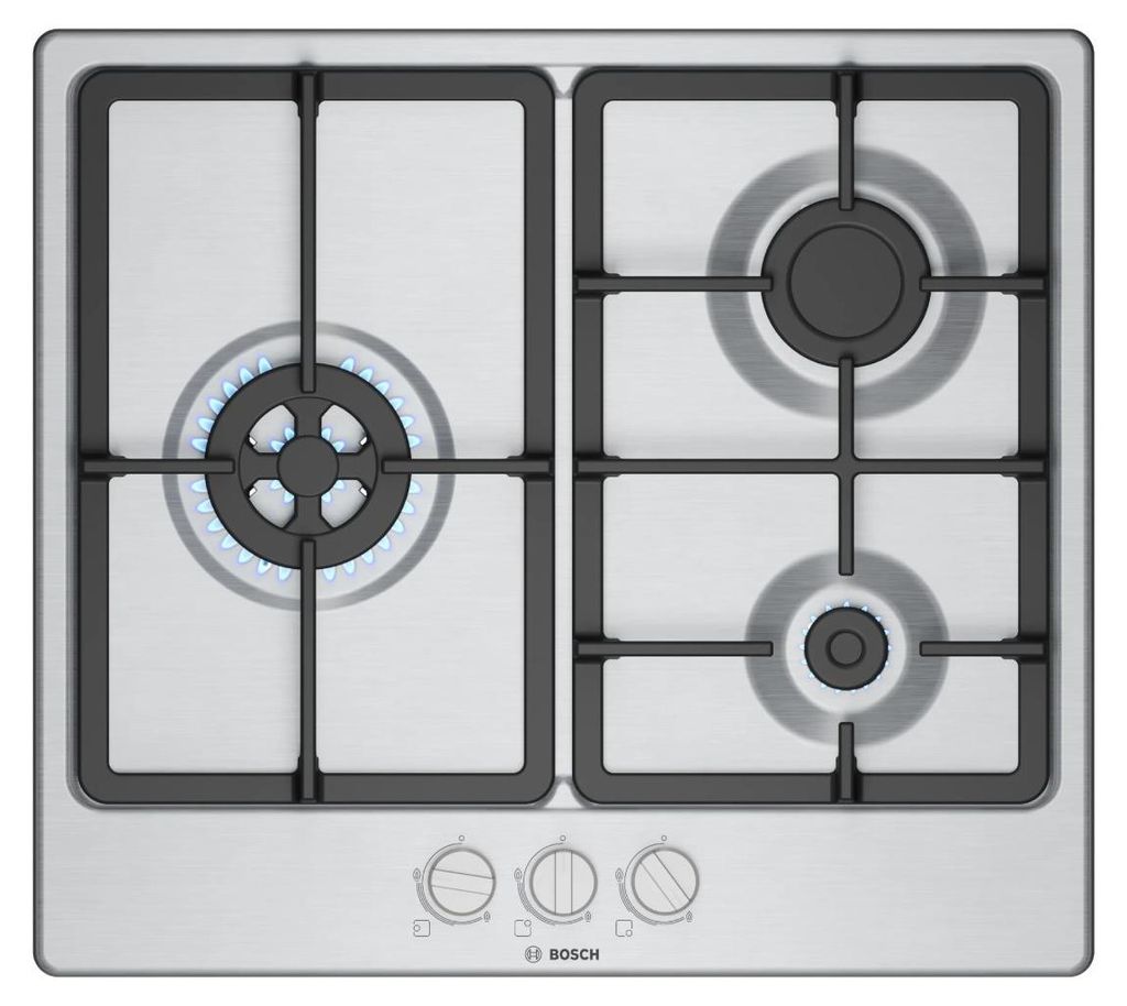 Bosch Serie 4 PGC6B5K90, Edelstahl, Integriert, 60 cm, Gaskochfeld, Edelstahl, 3 Zone(n)