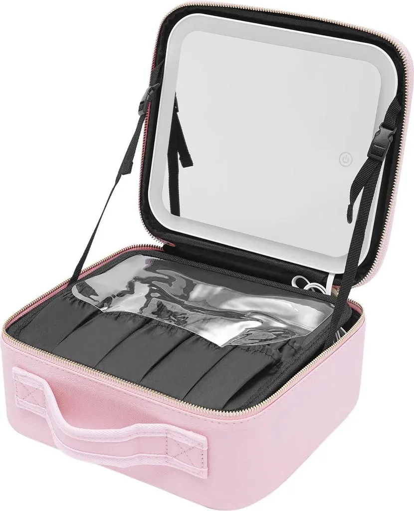 Valigetta cosmetica da viaggio - Valigetta per trucchi - Specchio LED - 3 colori di luce - Scomparti regolabili - Finto cuoio - 1,2 kg - Rosa