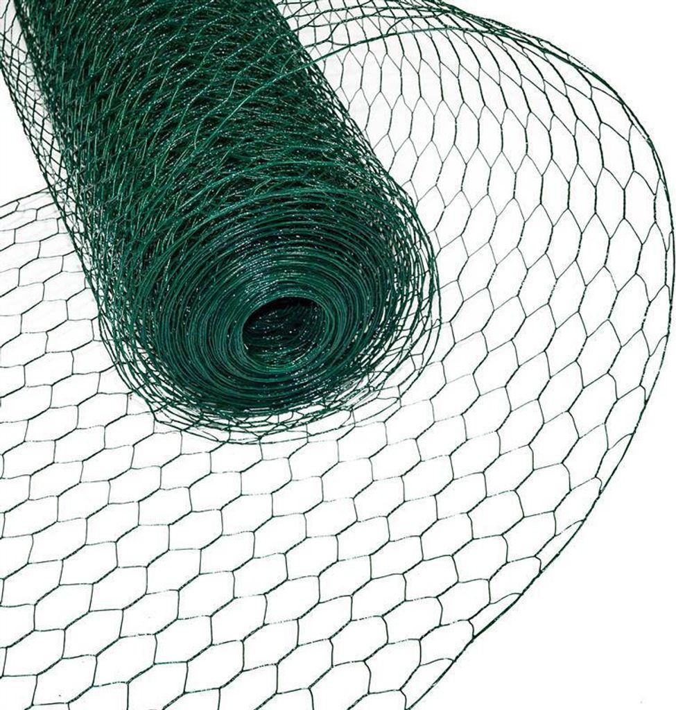 A roll of green hexagonal wire mesh fencing.